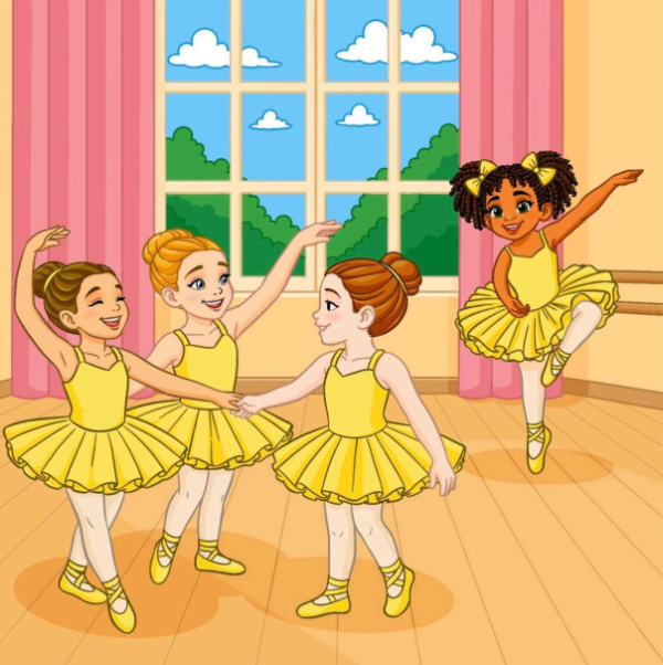 Group of four little ballerinas in yellow tutus dancing in a dance studio