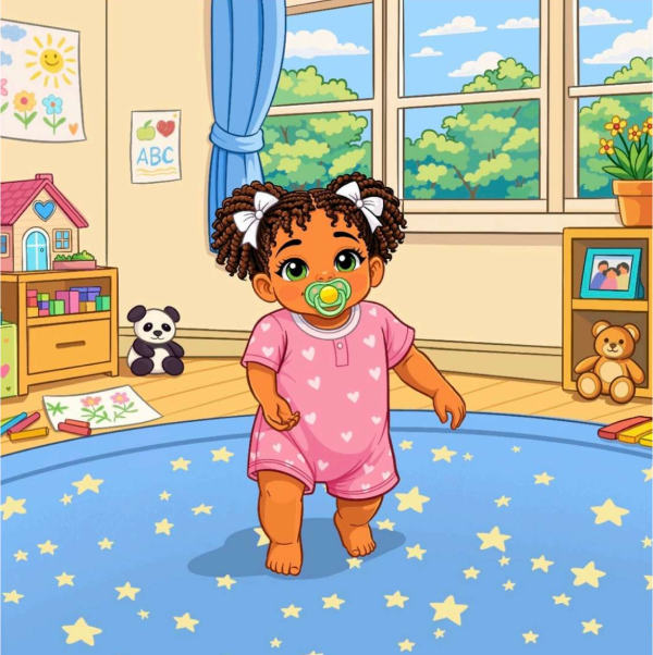 Cute child on starry rug in nursery