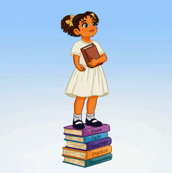 Young girl standing on top of stack of books to climb higher.