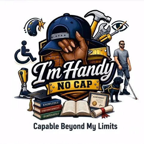 Poster with a person wearing a helmet, a person holding a hammer, a dog, books, a certificate, and other objects